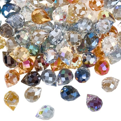 SOFPLATE 1 Box 120Pcs Faceted Teardrop Glass Beads Top Drilled Crystal Beads 10x8mm Colorful Electroplated Crystal Smooth Loose Charms Spacers for Jewellery Making Bracelet Necklace Earring DIY Craft