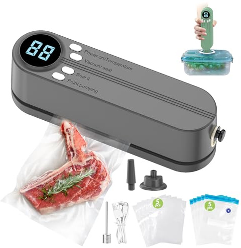 Mini Bag Sealer, Handheld Heat Sealer with 3 External Connectors Vacuum Sealer Machine, Portable Sealing Machine with 4pcs Vaccum Sealer Bags for Snack Preservation Food Storage (Grey)