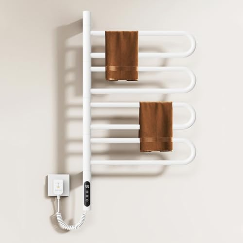 DOKKOME 180°Drehung Handtuchheizkörper Elektrisch Bad Handtuchtrockner Elektrisch Handtuchwärmer Elektrisch Badheizkörper Heizkörper 130w Mit Timer Und Thermostat 30-70℃ (Weiß Rundrohr)