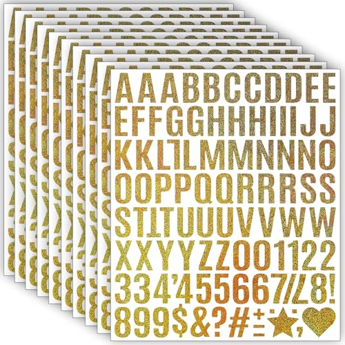 980 Stücke Glitzer Selbstklebende Buchstaben Aufkleber,10 Blätter Wetterfeste Vinyl Alphabet Nummern Sticker (2.5 cm), Klebebuchstaben für DIY Scrapbooking, Grußkartendekoration,Geschenk (Gold)