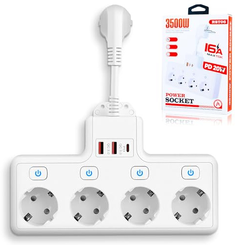 BOSYTRO Mehrfachsteckdose, Steckdosenleiste mit USB, 4 Fach Mehrfachsteckdosen Mit Einzelschalte Mehrfachsteckdose Mit 2 USB & 1 Type-C (PD 18-20W) für Küche Wohnzimmer Büro Max 3500W 16A