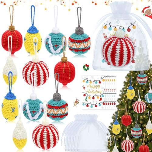 Motionchic 12 Sets Christmas Crochet Ornaments for Tree Decor, Totally Handmade Knitted Christmas Bulb Ball Ornament with Positive Cards and Bags for Xmas Stocking Stuffers and Office Coworker Gifts
