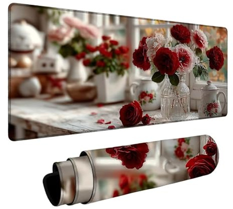 Musmatta blomma musmatta gamer fönsterbräda musdyna sydda kanter precision förbättrad hastighet för dekoration hem kontor pc bärbart trådlöst tangentbord 60 x 140 x 0,3 cm DBYH-5638