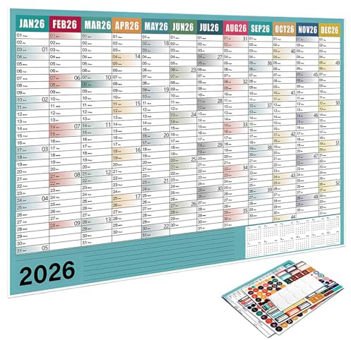 Calendrier 2026 mural Grand Format A2+ de papier en anglaise(74 x 52 cm) plié Rainbow, Élaborez un plan annuel, Autocollants à pois gratuits inclus, durable & respectueux au climat