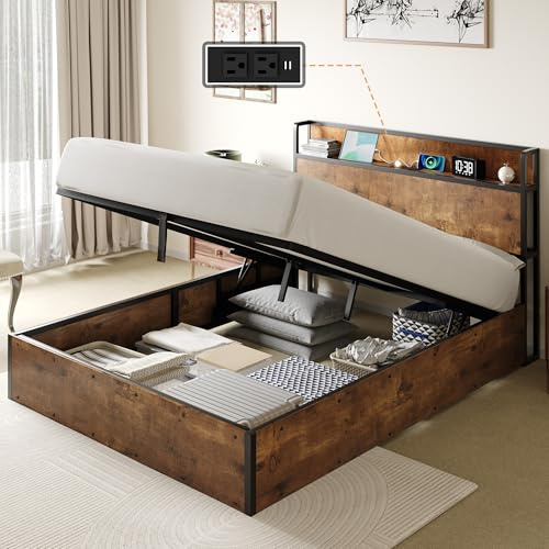 LUXOAK Bett mit Stauraum 160x200 cm, Hydraulischer Lift-Up & Integrierter Ladestation im Kopfteil, Metallrahmen mit Holzoptik, Braun – Ohne Matratze