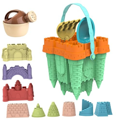 Grtheenumb Juguetes de Playa, Kit de construcción de Castillos de Arena, 14 unids/Set de Juguetes de Playa de plástico con Pala de moldes de Castillos de Arena, Caja de portátil para niños