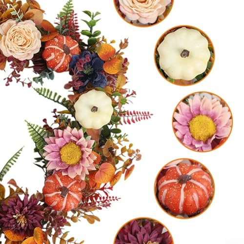 PureBowlic 45 cm höstkrans med pumpor och blommor, konstgjord höst skörd dörrmatta dekor för Thanksgiving Halloween, vibrerande lövverk girlang för främre veranda vägg hem kontor