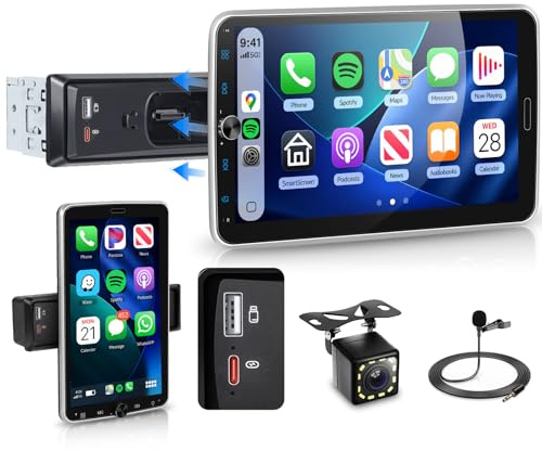Hodozzy 1 Din RDS Stereo Auto con Schermo Rimovibile e Girevole IPS da 10,1 con USB Tipo C, Wireless CarPlay e Android Auto Autoradio con Bluetooth 5.2/EQ/SWC + Telecamera Posteriore