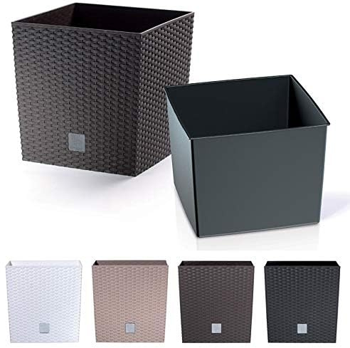 rg-vertrieb Blumenkübel Rattan-Optik – Pflanzkübel Quadratisch Low 400 mit Einsatz, Blumentopf Kunststoff Wetterfest, Übertopf (400 Anthrazit)