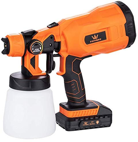 TOPWAY Spruzzatore di vernice senza fili da 18 V con batteria, 800 ml, pistola a spruzzo elettrica senza fili con 2 ugelli e 3 modalità di spruzzo per recinzioni, pareti, soffitti, trattamento del