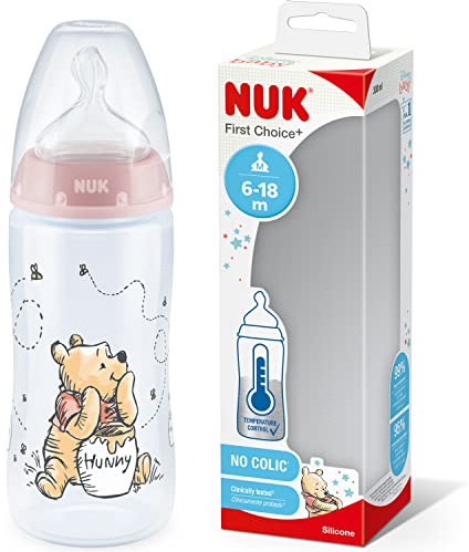 NUK First Choice+ Disney babyflaska | 0–6 månader | Temperaturkontrolldisplay | 300 ml flaska med anti-kolik ventil | BPA-fri | silikon sugpropp | Nalle Puh (rosa)