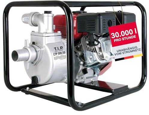 T.I.P. Benzin Wasserpumpe - Motor Gartenpumpe (30.000 l/h Fördermenge, 30 m Förderhöhe, 3,0bar Druck, max. 3,85kW (5,2PS) Leistung, Ölmangelsicherung, 4-Takt-Motor, Rückschlagklappe) LTP 500/30, 30197