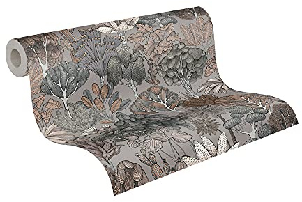Architects Paper Dschungeltapete Floral Impression Tapete natürlich PVC-freie Vliestapete grau beige orange schwarz weiß matt glatt 377574 37757-4, 10.05 m x 0.53 m, Grau, Beige, Orange, Schwarz, Weiß