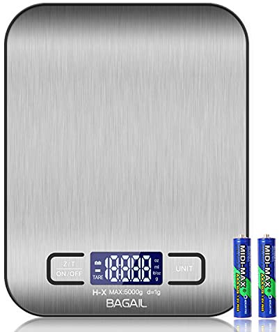 BAGAIL Báscula de cocina digital, báscula de alimentos de acero inoxidable de primera calidad que pesa en gramos y onzas para repostería y cocina, 5 kg.