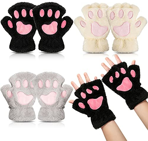 Geyoga 3 Pairs Cat Paw Gloves Therian Theme Furry Kawaii Plush Fingerless Paws Cosplay Gloves Girls Women Gift Costume Favor(Black, White, Gray)