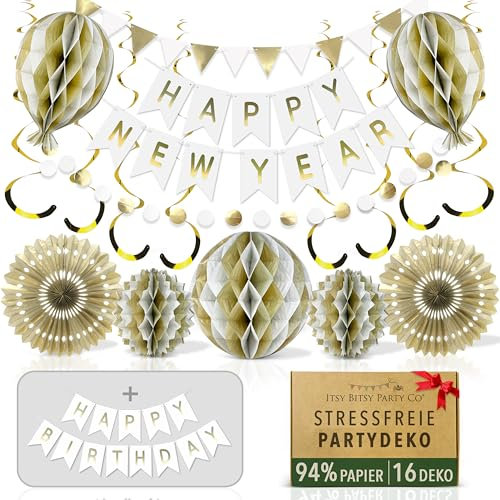 Decorazione Compleanno Premium Riutilizzabile – Buon Compleanno Decorazioni, Pompon Colorati, Striscione Happy Birthday, Bandiere e Stelle Filanti di Carta per Bambini, Bambine e Adulti (Bianco e Oro)