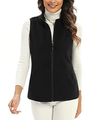 Xeoxarel Women's Fleece Vest, Lightweight Sleeveless Classic Fit Outerwear Full-Zip 6 Pockets Casual Gilet Black XL