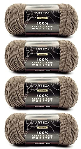 ARTEZA Acrylic Yarn for Crocheting, 4 x 200-g Skeins of Worsted Yarn for Knitting, Mushroom A302, Knitting & Crochet Supplies