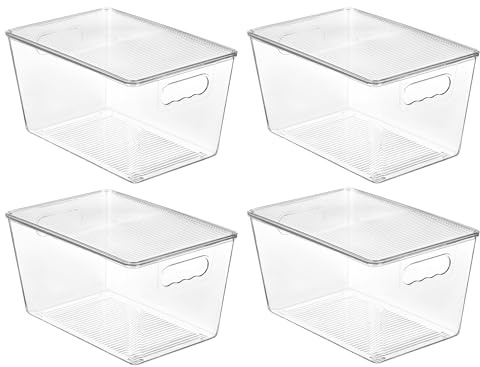 Vtopmart 4 Pack Clear Stackable Storage Bins with Lids, Large Plastic Containers with Handle for Pantry Organizer and Storage,Perfect for Kitchen,Fridge,Cabinet, Closet,Bathroom Organization
