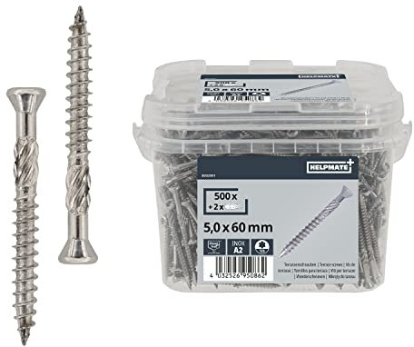 HELPMATE - Vis pour terrasse 5x60 acier inoxydable A2-500 vis pour planches + 2 embouts T25 - Vis pour l'extérieur (construction de terrasses & en bois de construction, abris de jardin etc.)