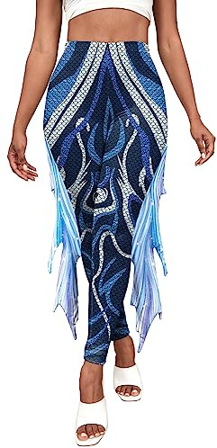 FEOYA Damen Strumpfhosen Leggings Tights Lange Hose Pants Harlekin Kostüm Halloween Sirene Karneval Zubehör Meerjungfrau Leggings Damen Kostüm - L