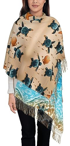 vacsAX Damenschal mit Fransen – weicher Kaschmir-Schal für Herbst und Winter – stilvoller und warmer Schal für Damen, blau leuchtende Sterne, Schildkröten am Strand, One size