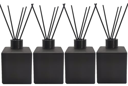 Botella difusora de varillas de perfume, botellas cuadradas vacías de aceite esencial, tarro de vidrio con varillas negras para juegos de difusor de fragancia de repuesto (200 ml, negro mate)