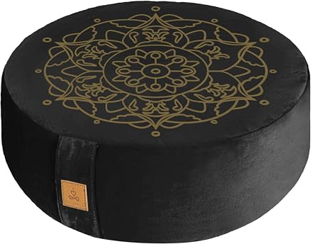 Round Velvet Meditation Pillow Embroidery D=13/16 H=5.5 Yoga Bolster Floor Pouf Zafu Buckwheat Meditation Cushion Sitting on Floor Removable Organic Cotton Cover Kneeling Pillow (Black & Yellow)