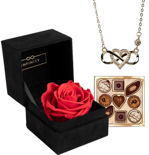Infinity - Geschenk Set mit 1 Ewigen Rose und 925er Infinity Kette in Gold - (3 Jahre haltbare Rose mit 925er Silber Kette) - Als Geschenk verpackt
