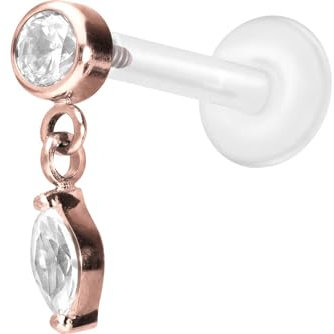 PIERCINGLINE PTFE Labret mit Gewinde + Titan-Aufsatz KRISTALL + KRISTALLTROPFEN Piercing Lippe Nase Ohr Helix Tragus Medusa 1,2x9 mm Roségoldfarben