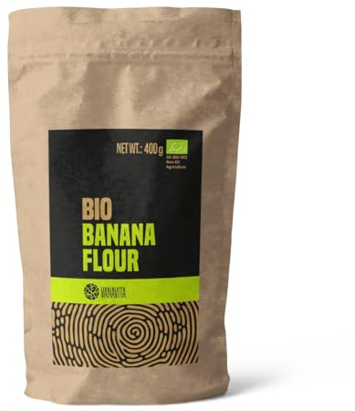 VanaVita Farina di Banana BIO 400 g, Farina di Banana senza Zuccheri Aggiunti, Priva di Glutine, Lattosio e OGM, Ricca di Fibre, Adatta a Vegetariani e Vegani, Ideale per Dolci, Frullati e Porridge