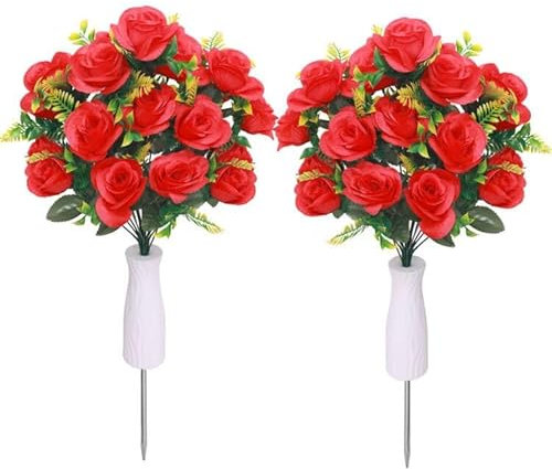 Lodou Künstliche Friedhofsblumen, Grabblumen, Grabdekorationen, Rosen, Friedhofs-Gedenkblumen mit Friedhofsvase für Grabarrangements (2, rot)