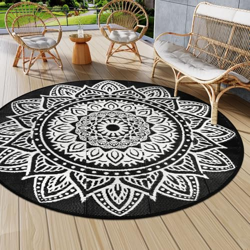 Famibay Tapis Exterieur Resistant Pluie 180cm Rond Tapis Exterieur Résistant Aux UV Réversible Plastique Noir Tapis Extérieur Terrasse Jardin Balcon