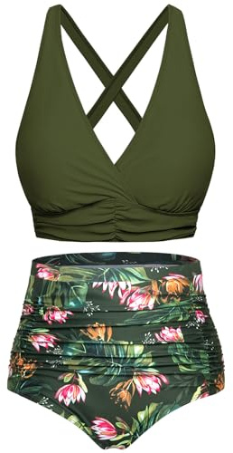 Voqeen Mujer Bikinis Reductor Barriga Cintura Alta Traje de Baño 2 Piezas Push Up con Relleno Conjuntos de Bikinis de Playa Bañadores de Natacion Cuello en V Bikini Top y Braga Ajustable
