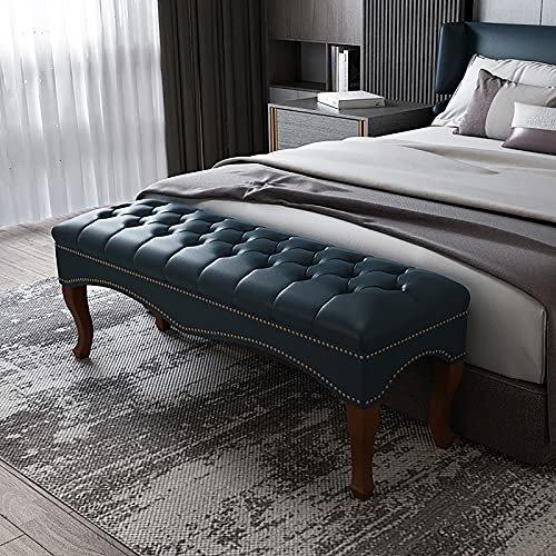 IisrAr Hochwertige Faxu-Leder-Bettbank für Schlafzimmer, Moderne Fußhocker, Multifunktionsbänke, gepolsterte Sofa-Sitzbank mit Massivholzbeinen, Blau/Schwarz, 70 x 40 x 45 cm (28 x 16 x 18 Zoll)