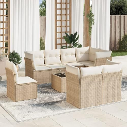 ULUYYUC 9-TLG. Garten-Sofagarnitur, Eckbank Küchensofa Eckbank Küche Schlafsessel Mit Bettfunktion Geeignet für Hinterhof Außenbereich Garten Balkon mit Kissen Beige Poly Rattan