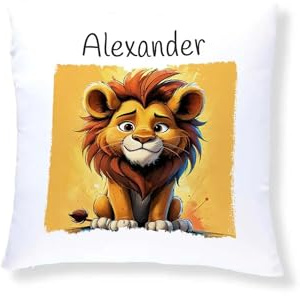 Druckerino Kinder Kuschelkissen mit Namen personalisiert - Geschenkidee - Kinder Kissen mit Namen 40 x 40 cm inkl. Kissenfüllung - personalisierte Geschenke (Löwe)