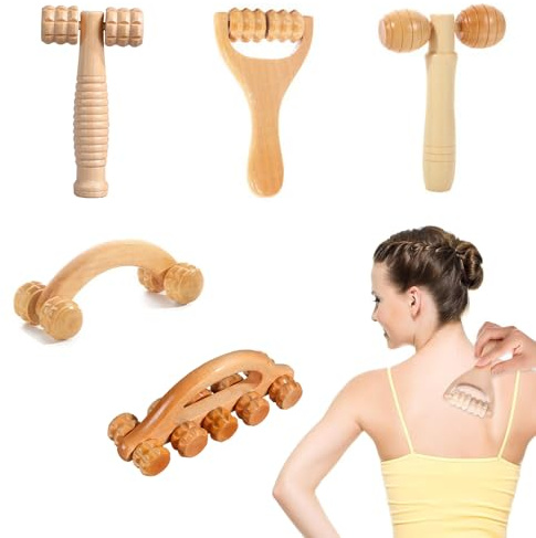 Massage Set 5er Holz - Premium Faszienstab, Massageroller Mit Griff, Faszienrolle, Maderotherapie Set für Nacken, Beine, Rücken, Körper