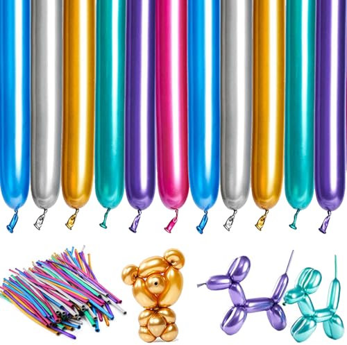 LUKIUP 100 Pezzi Palloncini Modellabili con Pompa, Palloncini Lunghi Metallizzati, palloncini modellanti, Colorati Lattice Palloncini, per Feste,Compleano Decorazioni, Matrimonio,Anniversari