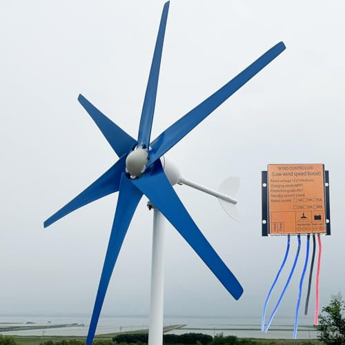 ZHOZHUT 800W-1200W Generador De Turbina Eólica 12V / 24V / 48V Aerogenerador Horizontal con Controlador MPPT Y 6 Aspas Azules, Velocidad Nominal del Viento 12 m/s para Tejados, Cubiertas,1000w,48V
