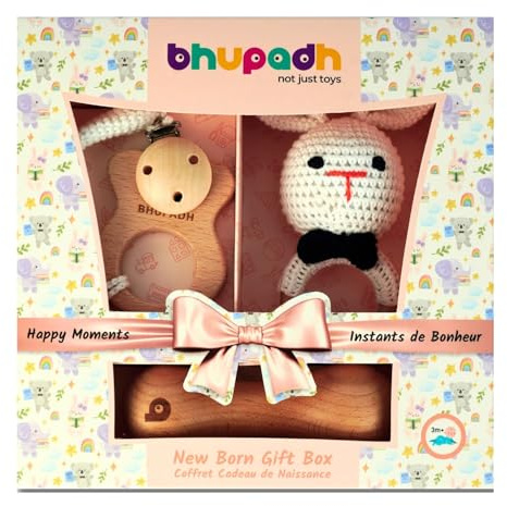 Instants de Bonheur – Geschenkset zur Geburt Bhupadh, Rassel in Haken, Beißring, Rassel aus Holz, 3 Monate, 3-teilig (Kollektion Hase)