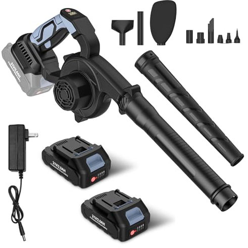 Souffleur de Feuilles sans Fil 21 V, 210 km/h Souffleur Batterie avec Deux Batteries, Moteur Sans Balais, 3 Vitesses, Souffler et Aspirer 2 En 1, Souffleur de Feuilles pour Jardin, Nettoyage Intérieur