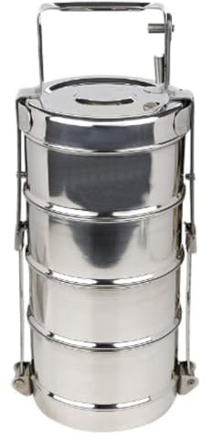 jewellary hub Traditional Indian Stainless Steel Lunch Box 4 Tier | Round Container with Handle | Compartment Tiffin Carrier Set
