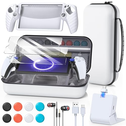 Paquete de accesorios 14 en 1 para PlayStation Portal, funda de transporte para PS Portal, base de carga magnética con funda de silicona para portal PS5, con 2 protectores de pantalla, auriculares con