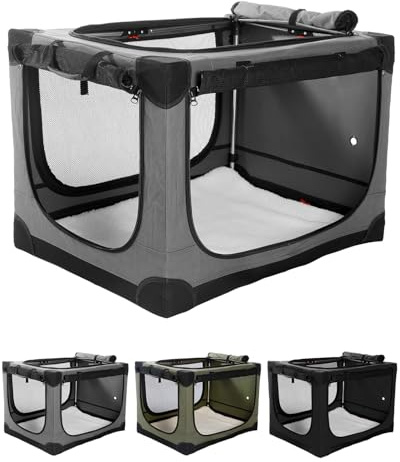 derimkcoa 83 * 64 * 64CM Hundebox faltbar, Hundetransportbox Auto für mittelgroße bis große Hunde bis 27 kg, tragbare Soft-Hundebox mit reißfesten Netzfenstern, Plüschmatte und Tragetasche,Grau