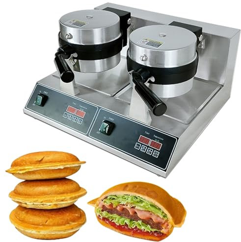 Commercial Hamburger Waffle Maker w/Rotatable Baking Pan, Ice Cream Burger Maker, Digital Screen Working Panel, Non-Stick Pan, Panini Press Machine, 0-5 min Timer, Stainless Steel,Double