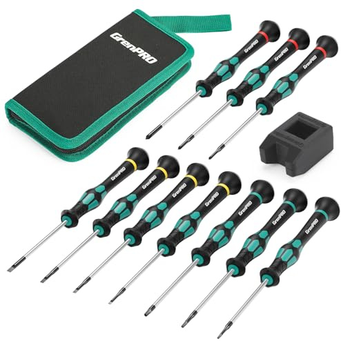 GRENPRO 10-Piece Precision Screwdriver Set, Magnetic Small Screwdrivers with Phillips, Slotted, Torx Star for Eyeglass, Watch, Computer, Laptop, Phone,Green
