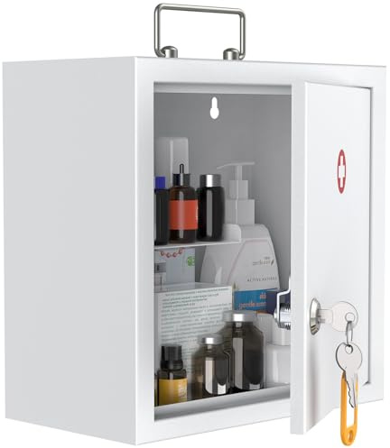 Uniclife Wall Mount Medicine Cabinet with Key Lock & Handle Locking First Aid Lockable Medical Storage Box Medium Medicine Organizer Secure Steel Wall Cabinet Metal Storage Box, White