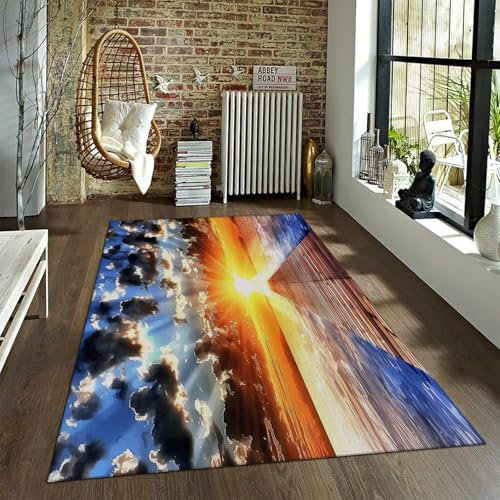 HOBBOY Sunrise Area Teppich Meer Pier Türmatte Waschbarer Niederflorteppich Gemütlicher Wohnzimmer-Büroteppich Natur Landschaft Badezimmer Bodenteppich 60 x 100 cm