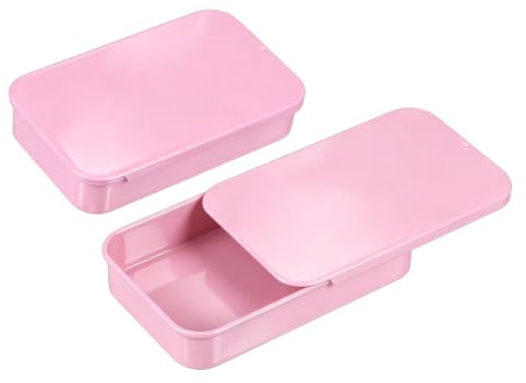 QUARKZMAN 2 stycken metallplåtburkar behållare, 9,5 x 6,9 cm skjutlock plåtburkar tom rektangulär förvaringslåda bärbar mini låda för godis kosmetika hantverk, rosa